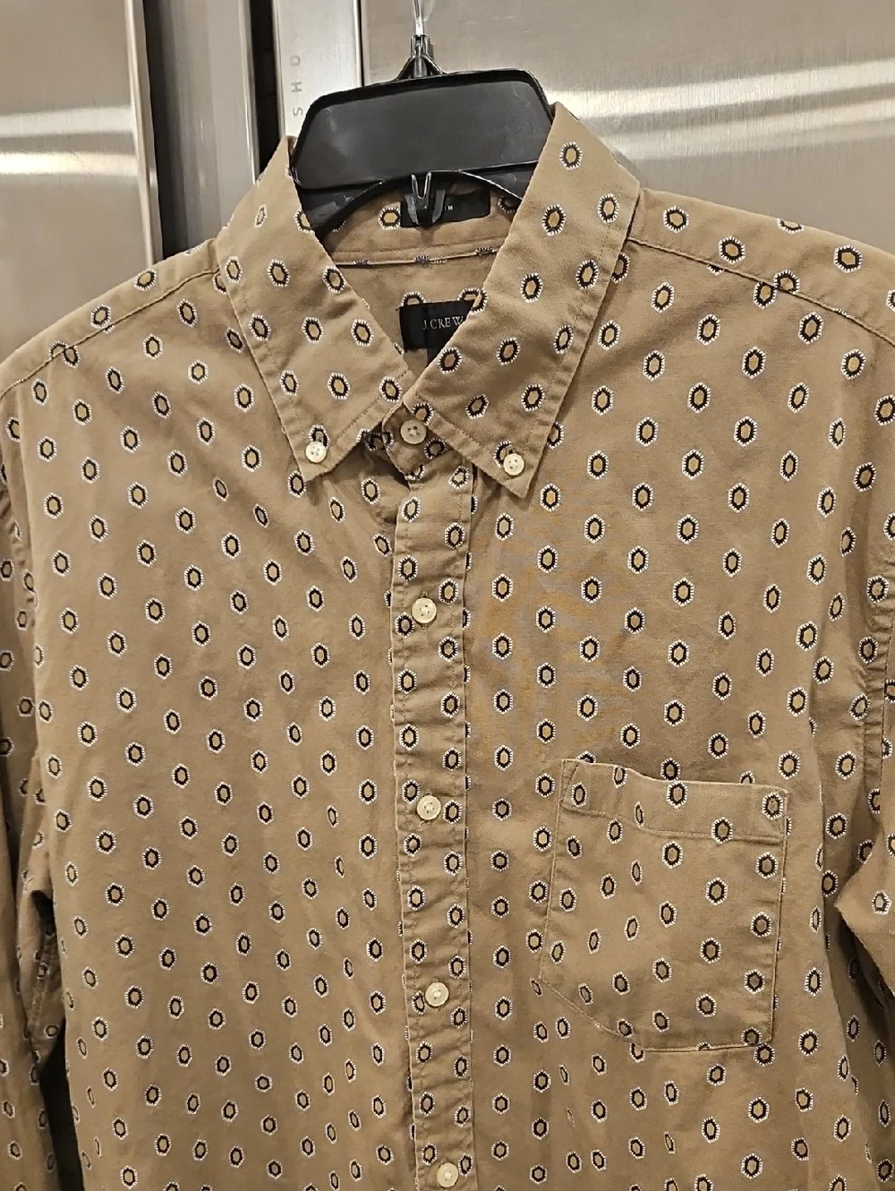 ​J. CREW Slim Fit Button Down Shirt Tan Geometric Medallion Print Size Medium
